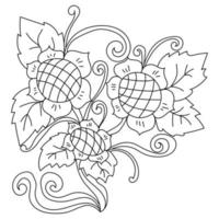 Meditative coloring page with ornate sunflowers, leaves and curls, outline plants with lush blooming vector