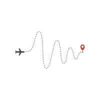 icono de forma de avión, dirección de ruta de ondas de gran amplitud de avión y punto rojo de destino, plantilla de diseño de logotipo, plantilla de ilustración de vector de viaje de vacaciones sobre fondo blanco.