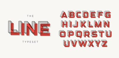 Modern style geometric font. Contour alphabet of the lines with blend effect and red spot shadow. Bold tagline letters. vector