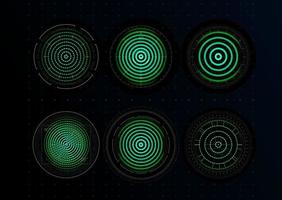 Digital Security system icons set. Fingerprint, green holographic concentric circles. Identity graphic elements. Finger scanner. Concept design for digital technology. Vector illustration.