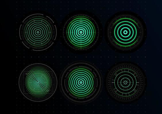 Digital Security system icons set. Fingerprint, green holographic concentric circles. Identity graphic elements. Finger scanner. Concept design for digital technology. Vector illustration.