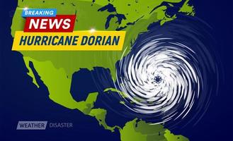 Dorian Hurricane cyclone on USA map, typhoon spiral storm over Florida, spin vortex on black background, breaking news TV flat vector illustration.