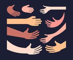 Hand and palm different color skin icon set handshake greetings hugs. Humans hands and arms of different nationalities, races, ethnos. Vector illustration