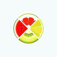 Fruit and berry organic food and juice, round logo. Slice of lime, kiwi, watermelon, grapefruit. Summer and fresh vegetarian product emblem. Healthy vitamin diet, circle logotype design. Vector icon