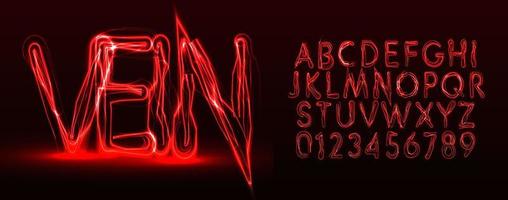 Red veins style vector latin alphabet. Halloween letters and numbers set. Terrible Font for events, promotions, logos, banner, monogram and poster. Typography design.