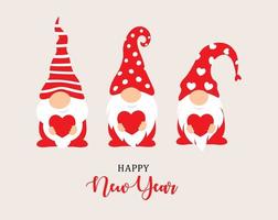 Happy New Year 2022 characters design. Garden gnomes and red heart in hand, christmass characters for decoration of xmas holidays, new year banner, calendar cover, greeting card. Vector illustration