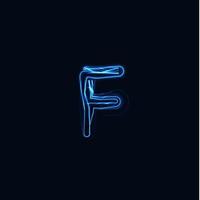 relámpago realista letra f, logotipo de guantes brillante, símbolo de estilo de brillo de energía eléctrica, signo de tipo de plasma tesla azul. Ilustración de vector de rayo, diseño de tipografía