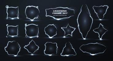 Lightning vector creative realistic borders set. Electricity empty geometric frames isolated pack. Square, circle, star shapes in the form of electric discharge, current, lightning strike illustration