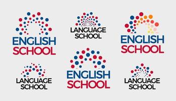 conjunto de logotipos de la escuela de inglés, colección de logotipos redondos de burbujas abstractas. puntos sol, amanecer, símbolo de conocimiento para plantilla de logotipo de estilo moderno y moderno, símbolo de educación y aprendizaje. identidad vectorial. vector