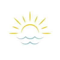 Dawn on sea. Sun icon. Travel agency emblem concept, vector logo template.