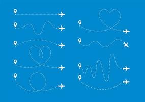 Plane path set. Flying airplane along certain curve lines way from specific map point. Vector illustration.