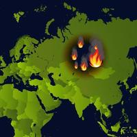 Forest fires banner, fire place on map, disaster in russian siberia news, paper that burns smokes and smolders from fire, vector illustration.