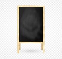 Blank wooden frame blackboard, Isolated chalkboard menu. A-frame black board for cafe and restaurant. Background template for outdoor advertising. Vector illustration.