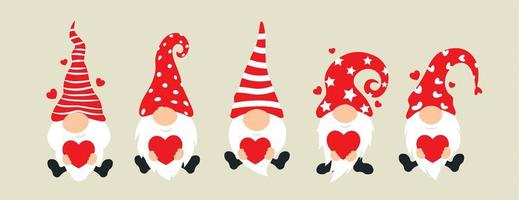 Set of cartoon gnomes. Collection of cute christmas gnomes holding hearts. Funny characters in love for children and couples. Vector illustration