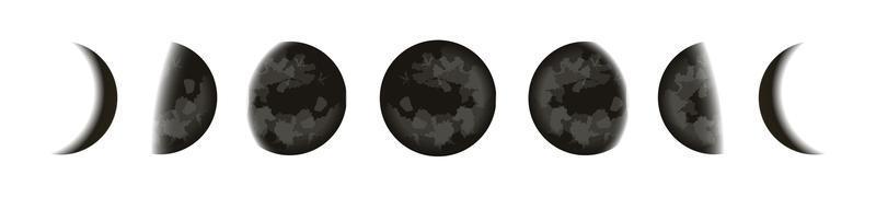 Black moons icons set, lunar phases in night starry sky, Shape of the directly sunlit portion of the Moon as viewed from Earth, vector illustraton.