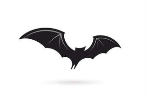 Bat in flight, wide wings, black silhouette of bat on white background, vector illustration. Halloween and vampire simple Logo and symbol template.