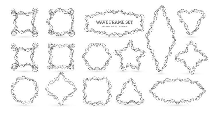 Collection of frames from tangled lines. Frames of complex pulsating lines for musical equalizer. Geometric shapes set from ball of thread. Elegant borders for text, vector illustration.