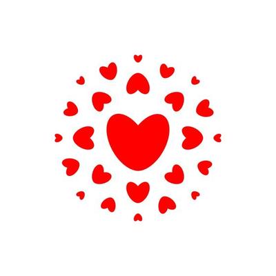Love and health symbol. Red hearts in circle, simple elegance round logo template. Concept design for wedding day, valentine day, pharmacy decor. Isolated vector emblem.