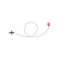 Plane way icon, airplane circle ring path direction and destination red point, logo design template, holiday trip vector illustration template on white background.