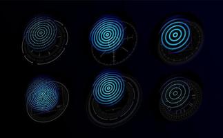 Futuristic holograms with graphic fingerprints. Blue icons set for personal identification systems based on fingerprints or retina. Logo teplate for digital security system. Vector illustration.