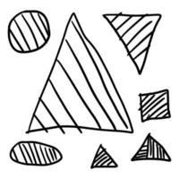Abstract striped geometric shapes isolated on white background. Hand drawn doodle triangles, circles, square. vector