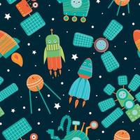 Vector seamless pattern of space technics for children. Bright and cute flat illustration of spaceship,  rocket,  satellite,  space station,  rover on dark blue background