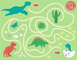Maze for children. Preschool activity with dinosaur. Puzzle game with diplodocus, T-rex, baby dino. Cute funny smiling characters.