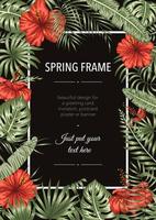 Vector frame template with tropical leaves and flowers on black background. Vertical layout card with place for text. Spring or summer design for invitation, wedding, party, promo events