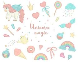 Vector set of cute watercolor style unicorns, rainbow, clouds, donuts, crown, crystals, hearts. Sweet girlish illustration. Fairytale repeat background. Good for textile, stationery