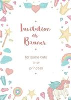 Vector vertical frame with unicorn, rainbow, crown, star, cloud, crystals. Card template for children event. Girlish cute invitation or banner design.