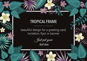 Vector frame template with tropical white and purple leaves and flowers on black background. Horizontal layout card with place for text. Spring or summer design for invitation, wedding