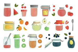 Vector set of colored glass jam jars watercolor style isolated on white background. Colorful collection of preserved food in pots with fruit and berries.