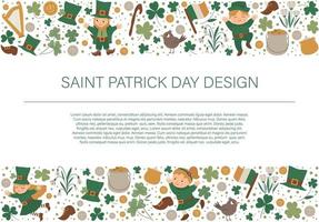 Vector Saint Patrick Day horizontal layout frame border with leprechaun, shamrock isolated on white background. Irish holiday themed banner or invitation with place for text. Cute funny spring card