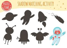 Shadow matching activity for children. Space topic. Cute funny smiling characters. vector