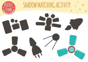 Shadow matching activity for children. Space technics. Cute funny smiling characters. vector