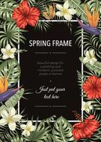 Vector frame template with tropical leaves and flowers on black background. Vertical layout card with place for text. Spring or summer design for invitation, wedding, party, promo events