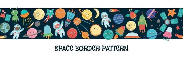 Vector space border pattern. Seamless background with cosmic elements for children. Repeat horizontal backdrop with ufo, planet, star, astronaut, comet, rocket, asteroid.