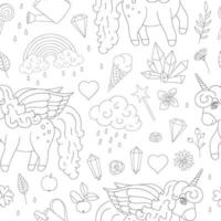 Vector seamless pattern of cute unicorns, rainbow, clouds, crystals, hearts, flowers outlines. Sweet girlish illustration. Line drawing of fairytale magic garden. Good for textile, stationery