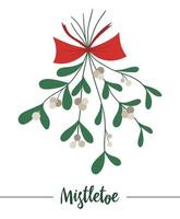 Vector mistletoe with red bow hung upside down isolated on white background. Cute funny illustration of new year symbol. Christmas flat style traditional plant picture for decorations or design.
