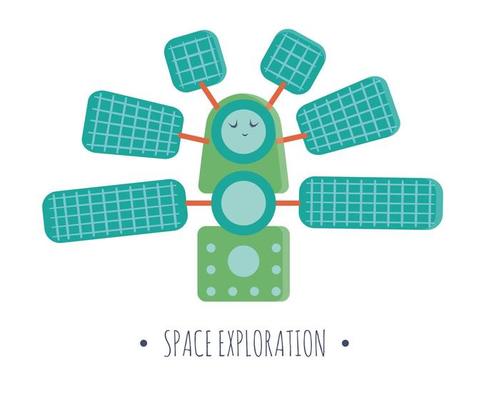 Vector space station illustration for children. Bright and cute flat picture of smiling technics isolated on white background. Space exploration concept.