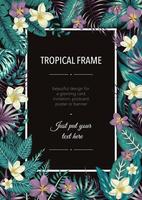 Vector frame template with tropical white and purple leaves and flowers on black background. Vertical layout card with place for text. Spring or summer design for invitation, wedding, party