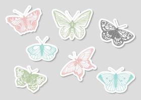 Vector set of hand drawn black and white stickers with butterflies. Engraving vintage illustration in pastel colors. Realistic insects isolated on grey background. Detailed graphic drawing