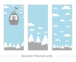 Set of vector vertical cards with snow covered mountains, clouds, funicular cable car with cute bear inside. Winter activities flyer. Funny cold season illustration for kids