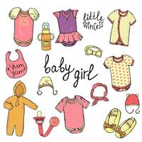Vector illustration of baby clothes. Baby girl clothes set. Children fashion collection. Stylish clothes and accessories for kids isolated on white background