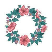 Vector wreath of green tropical leaves with plumeria and hibiscus flowers framed in circle on white background. Summer or spring tropical background. Exotic jungle design.