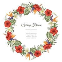 Vector frame template with tropical leaves and flowers on white background. Vertical layout card with place for text. Spring or summer design for invitation, wedding, party, promo events.