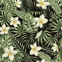 Vector sin patrón de hojas verdes tropicales con flores de plumeria blancas sobre fondo negro. verano o primavera repetir telón de fondo tropical. adorno de selva exótica