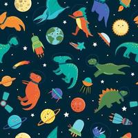 Vector seamless pattern with cute dinosaurs in outer space. Funny flat cosmic dino characters background. Cute prehistoric reptiles illustration