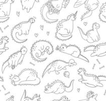 Vector seamless pattern of funny black and white dinosaurs in different poses. Comic dino background in cartoon style. Doodle line drawing of sarcastic reptiles