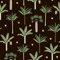 Vector seamless pattern of palm and banana trees with golden confetti on black background. Summer or spring repeat vintage tropical backdrop. Exotic jungle ornament